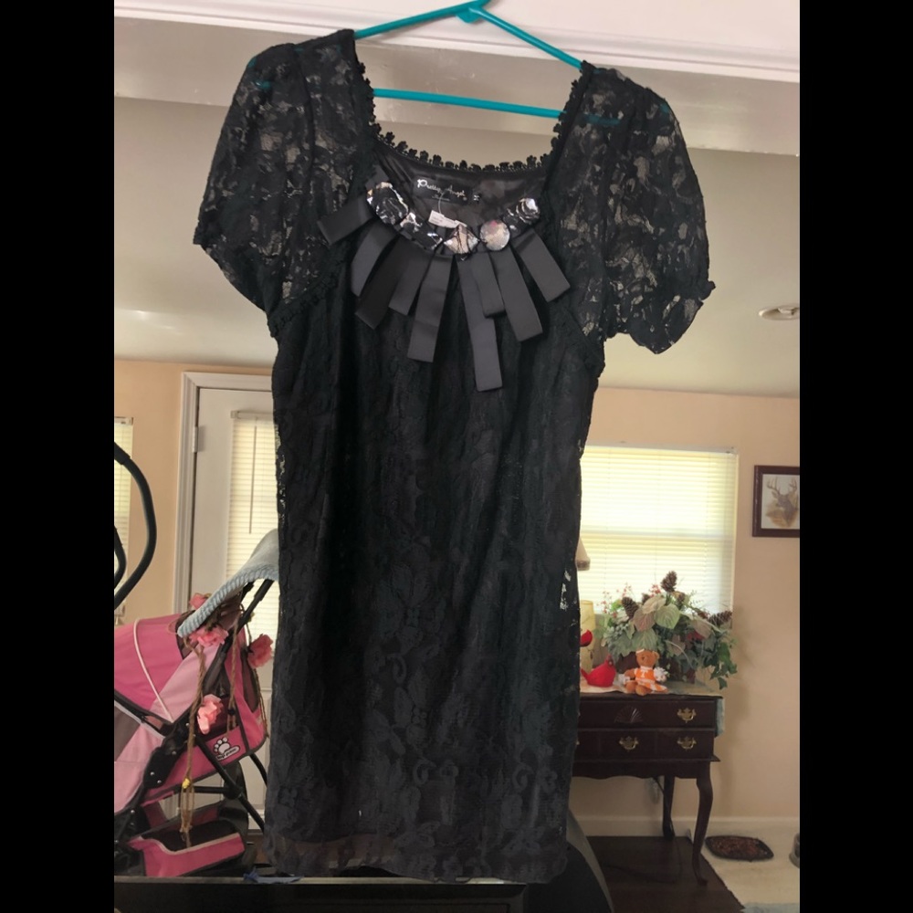 Black lace with ribbon and rhinestone dress top
